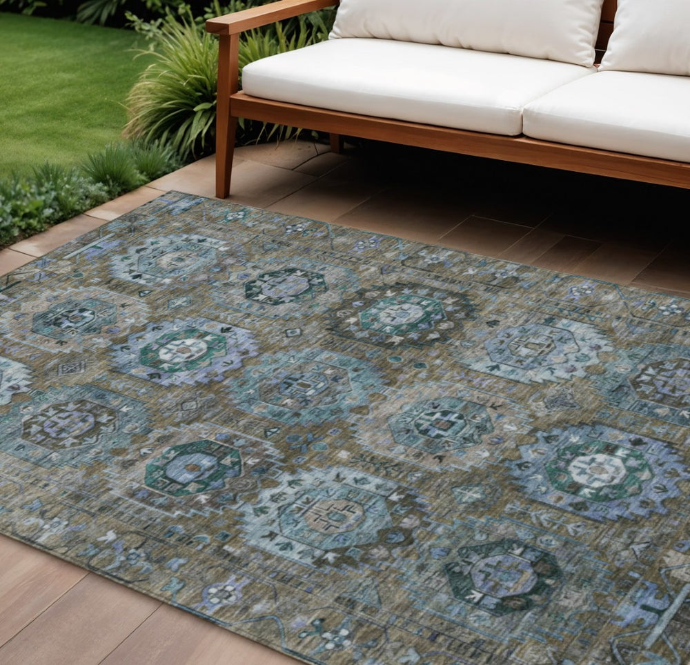 HomeRoots 8' Washable Indoor Outdoor Medallion Area Rug in Brown, Gray & Teal - Durable, Stylish & Easy Care! 629440
