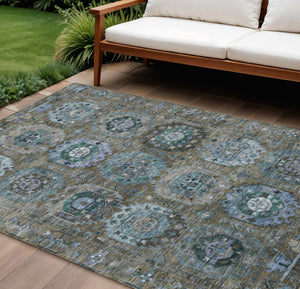 HomeRoots 8' Washable Indoor Outdoor Medallion Area Rug in Brown, Gray & Teal - Durable, Stylish & Easy Care! 629440