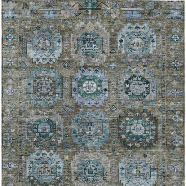HomeRoots 8' Washable Indoor Outdoor Medallion Area Rug in Brown, Gray & Teal - Durable, Stylish & Easy Care! 629440