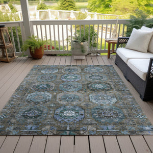 HomeRoots 9' X 12' Medallion Area Rug in Brown, Gray & Teal - Washable, Durable, Indoor/Outdoor Design! 629441