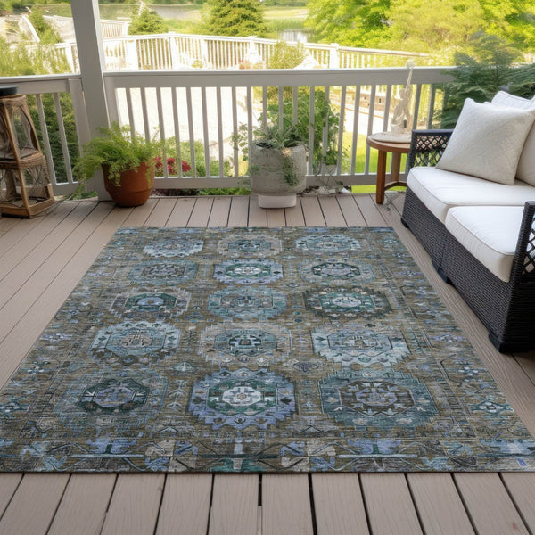 HomeRoots 9' X 12' Medallion Area Rug in Brown, Gray & Teal - Washable, Durable, Indoor/Outdoor Design! 629441