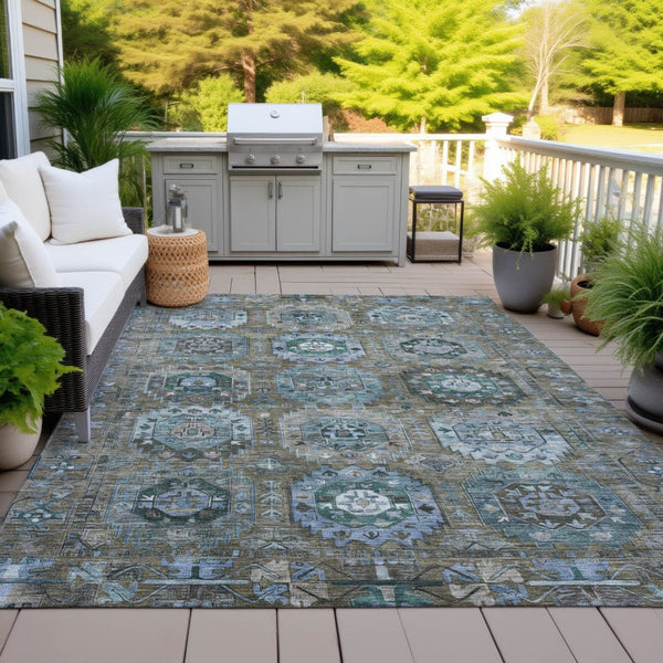 HomeRoots 10' Medallion Indoor Outdoor Area Rug in Brown, Gray & Teal - Washable, Stain-Resistant & Stylish 629442