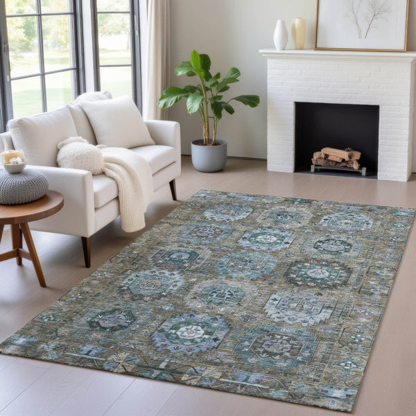 HomeRoots 10' Medallion Indoor Outdoor Area Rug in Brown, Gray & Teal - Washable, Stain-Resistant & Stylish 629442