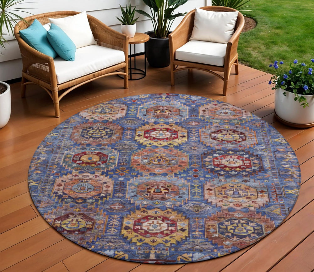 HomeRoots 8' Round Medallion Area Rug in Denim Blue, Merlot & Gold – Stylish, Washable for Indoor/Outdoor Use 629445