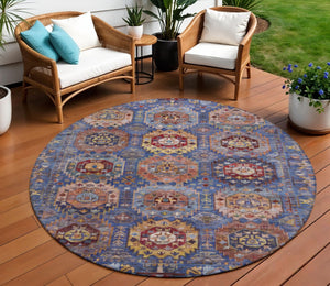 HomeRoots 8' Round Medallion Area Rug in Denim Blue, Merlot & Gold – Stylish, Washable for Indoor/Outdoor Use 629445