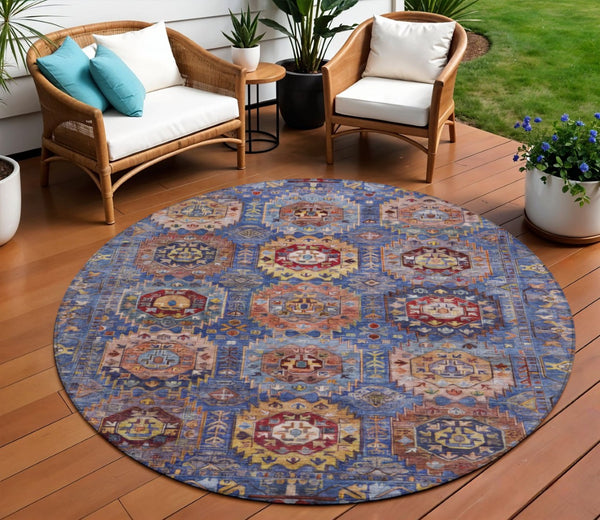 HomeRoots 8' Round Medallion Area Rug in Denim Blue, Merlot & Gold – Stylish, Washable for Indoor/Outdoor Use 629445