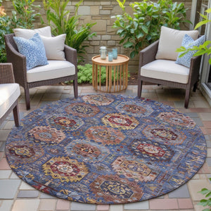 HomeRoots 8' Round Medallion Area Rug in Denim Blue, Merlot & Gold – Stylish, Washable for Indoor/Outdoor Use 629445