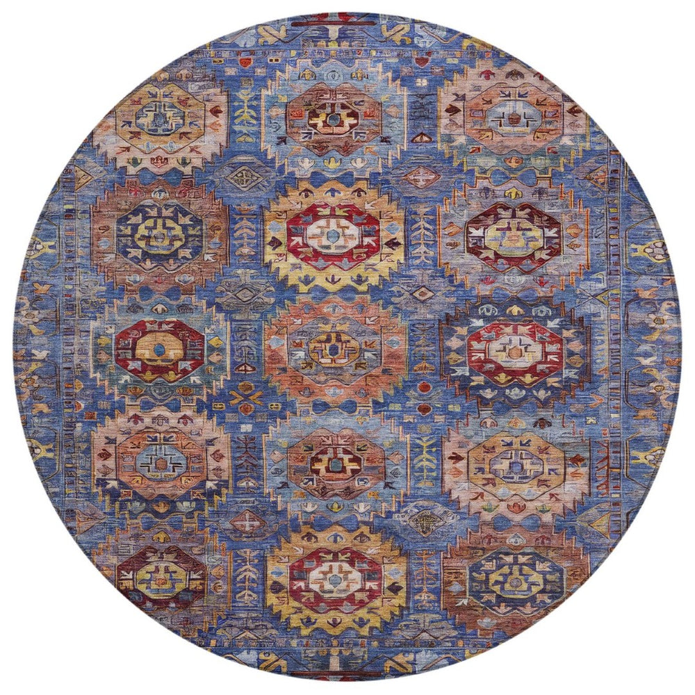HomeRoots 8' Round Medallion Area Rug in Denim Blue, Merlot & Gold – Stylish, Washable for Indoor/Outdoor Use 629445