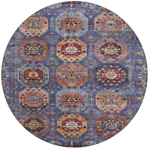 HomeRoots 8' Round Medallion Area Rug in Denim Blue, Merlot & Gold – Stylish, Washable for Indoor/Outdoor Use 629445