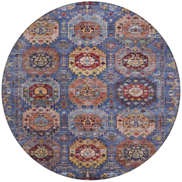 HomeRoots 8' Round Medallion Area Rug in Denim Blue, Merlot & Gold – Stylish, Washable for Indoor/Outdoor Use 629445