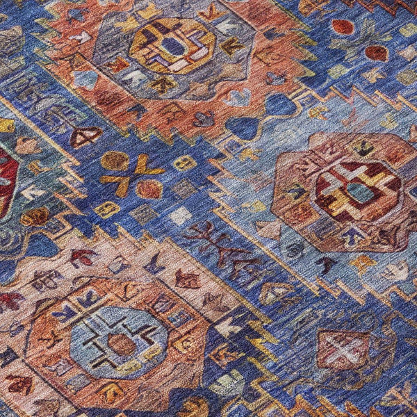 HomeRoots 8' Round Medallion Area Rug in Denim Blue, Merlot & Gold – Stylish, Washable for Indoor/Outdoor Use 629445