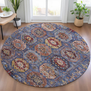 HomeRoots 8' Round Medallion Area Rug in Denim Blue, Merlot & Gold – Stylish, Washable for Indoor/Outdoor Use 629445
