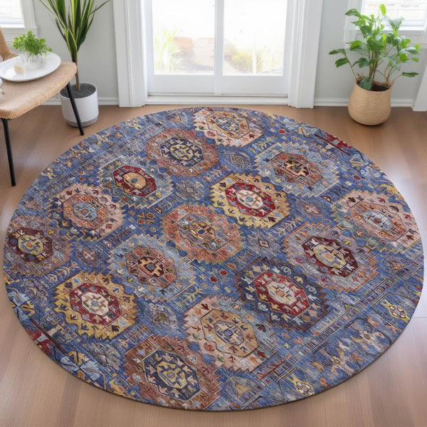HomeRoots 8' Round Medallion Area Rug in Denim Blue, Merlot & Gold – Stylish, Washable for Indoor/Outdoor Use 629445