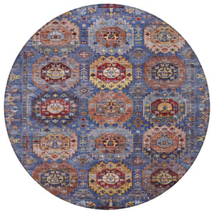 HomeRoots 8' Round Medallion Area Rug in Denim Blue, Merlot & Gold – Stylish, Washable for Indoor/Outdoor Use 629445