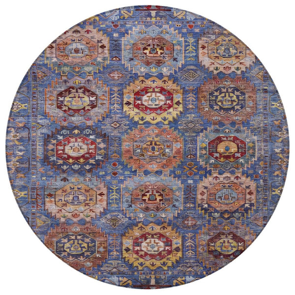 HomeRoots 8' Round Medallion Area Rug in Denim Blue, Merlot & Gold – Stylish, Washable for Indoor/Outdoor Use 629445