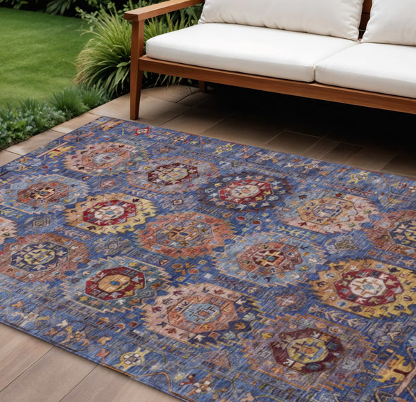 HomeRoots 10' X 14' Denim Blue Medallion Rug - Washable Indoor/Outdoor, Durable Design for High-Traffic Areas 629448