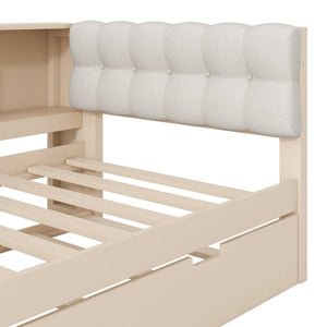 English Elm Wood Twin Platform Bed Linen Headboard Storage Shelves Trundle Charging Station Cream N709P004023C