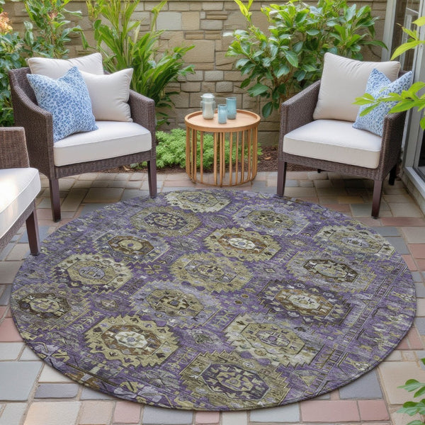 HomeRoots 8' Vibrant Eggplant Lavender & Olive Green Round Medallion Rug - Washable, Durable for Indoor/Outdoor Use 629451