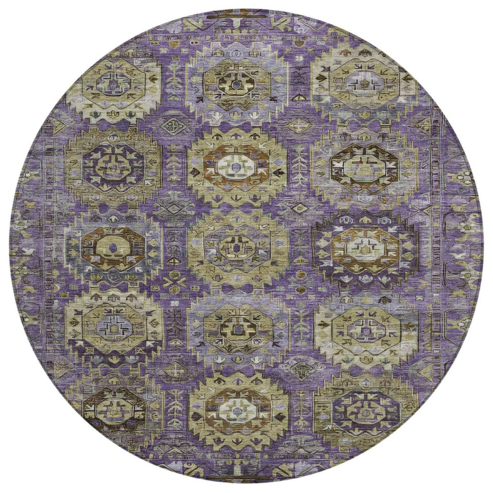 HomeRoots 8' Vibrant Eggplant Lavender & Olive Green Round Medallion Rug - Washable, Durable for Indoor/Outdoor Use 629451