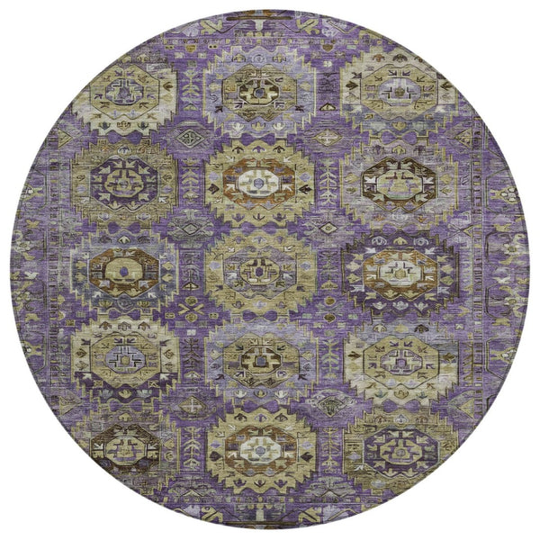 HomeRoots 8' Vibrant Eggplant Lavender & Olive Green Round Medallion Rug - Washable, Durable for Indoor/Outdoor Use 629451