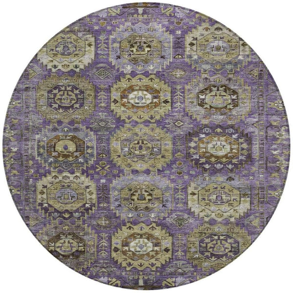 HomeRoots 8' Vibrant Eggplant Lavender & Olive Green Round Medallion Rug - Washable, Durable for Indoor/Outdoor Use 629451