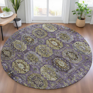 HomeRoots 8' Vibrant Eggplant Lavender & Olive Green Round Medallion Rug - Washable, Durable for Indoor/Outdoor Use 629451