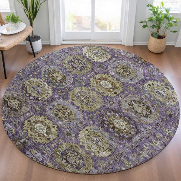 HomeRoots 8' Vibrant Eggplant Lavender & Olive Green Round Medallion Rug - Washable, Durable for Indoor/Outdoor Use 629451