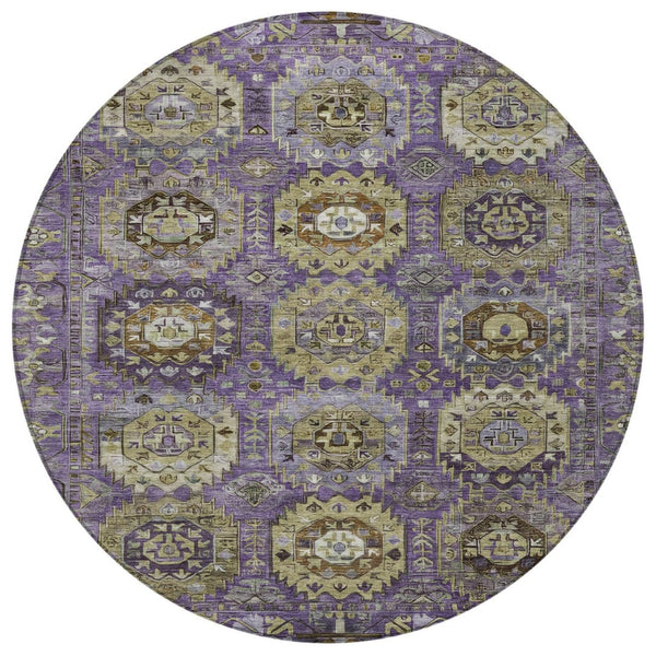 HomeRoots 8' Vibrant Eggplant Lavender & Olive Green Round Medallion Rug - Washable, Durable for Indoor/Outdoor Use 629451