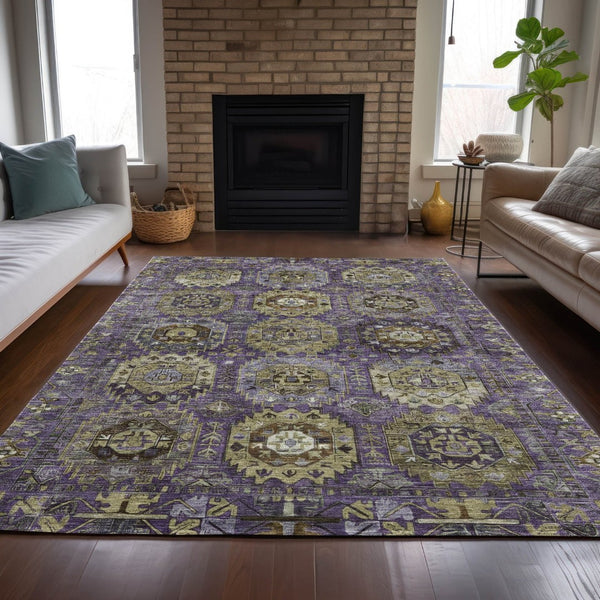 HomeRoots 9' X 12' Medallion Area Rug in Eggplant, Lavender & Olive Green - Durable & Washable for Indoors/Outdoors 629453