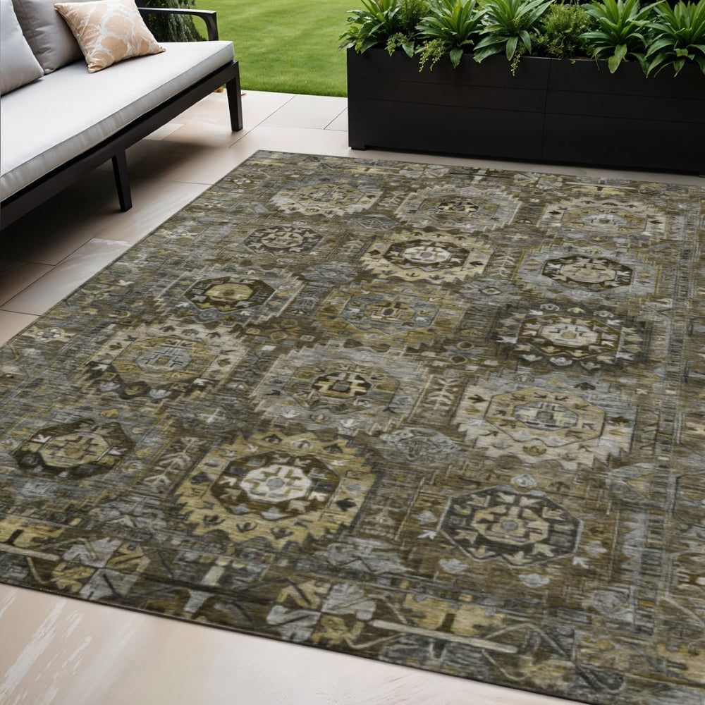 HomeRoots 5' X 8' Elegant Medallion Area Rug - Durable, Washable Indoor/Outdoor Design in Brown & Beige 629456