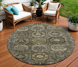 HomeRoots 8' Round Medallion Washable Area Rug - Brown, Charcoal & Beige for Indoor/Outdoor Elegance! 629457