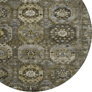HomeRoots 8' Round Medallion Washable Area Rug - Brown, Charcoal & Beige for Indoor/Outdoor Elegance! 629457