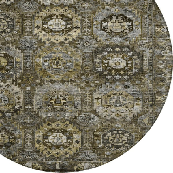 HomeRoots 8' Round Medallion Washable Area Rug - Brown, Charcoal & Beige for Indoor/Outdoor Elegance! 629457