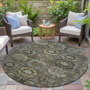 HomeRoots 8' Round Medallion Washable Area Rug - Brown, Charcoal & Beige for Indoor/Outdoor Elegance! 629457