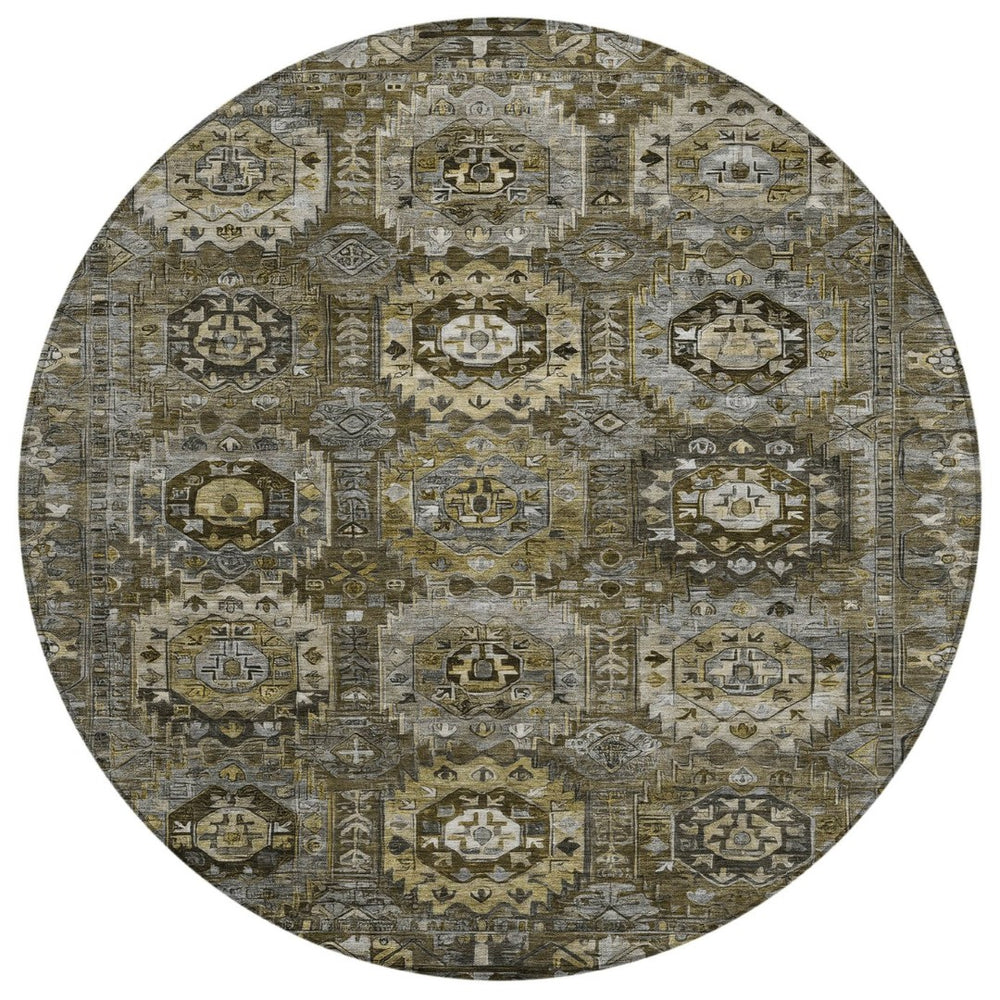 HomeRoots 8' Round Medallion Washable Area Rug - Brown, Charcoal & Beige for Indoor/Outdoor Elegance! 629457