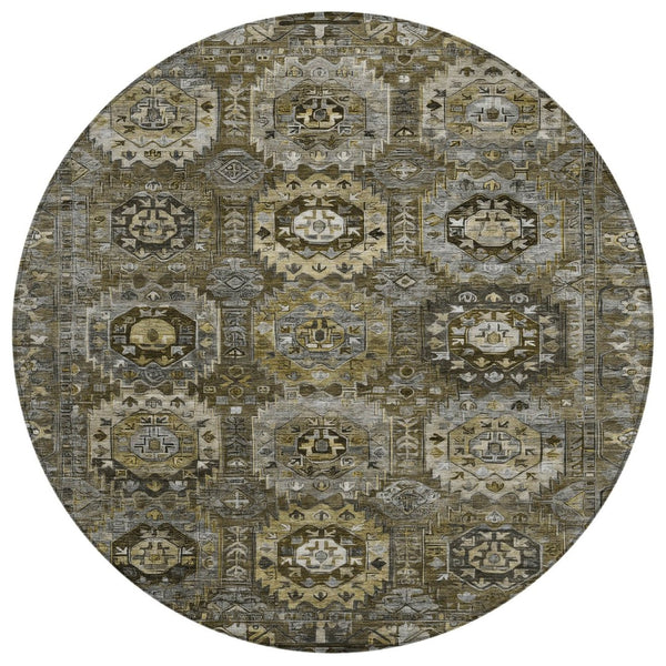 HomeRoots 8' Round Medallion Washable Area Rug - Brown, Charcoal & Beige for Indoor/Outdoor Elegance! 629457