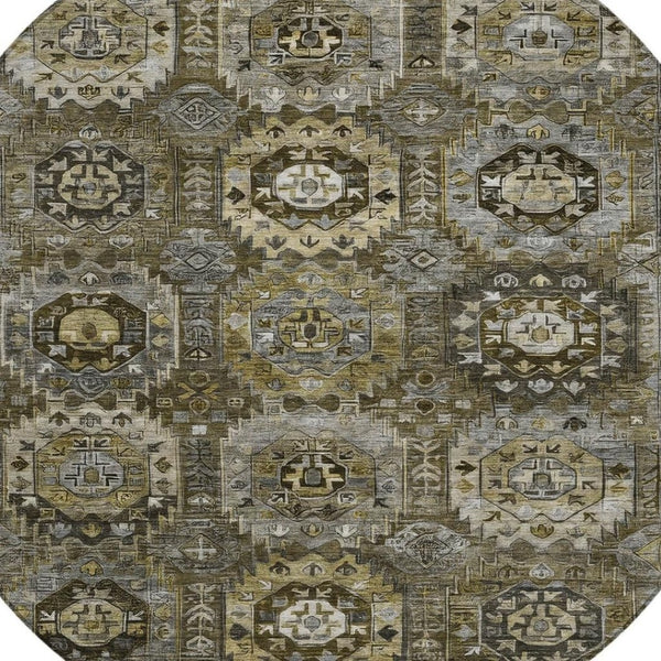 HomeRoots 8' Round Medallion Washable Area Rug - Brown, Charcoal & Beige for Indoor/Outdoor Elegance! 629457