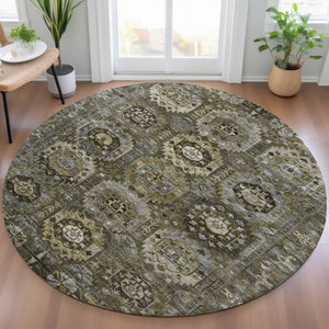 HomeRoots 8' Round Medallion Washable Area Rug - Brown, Charcoal & Beige for Indoor/Outdoor Elegance! 629457