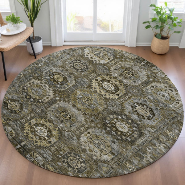 HomeRoots 8' Round Medallion Washable Area Rug - Brown, Charcoal & Beige for Indoor/Outdoor Elegance! 629457