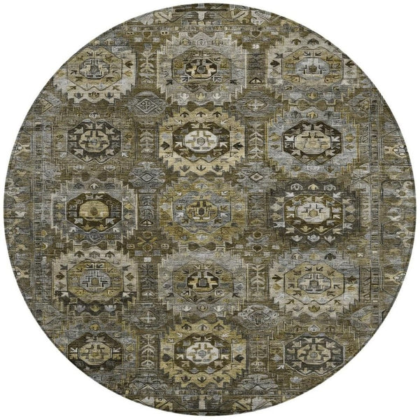 HomeRoots 8' Round Medallion Washable Area Rug - Brown, Charcoal & Beige for Indoor/Outdoor Elegance! 629457
