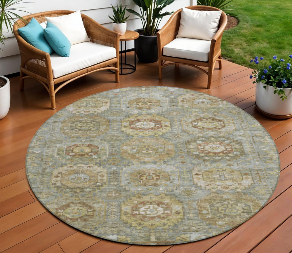 HomeRoots 8' Sage Brown Medallion Indoor Outdoor Area Rug - Stylish, Washable, Durable, Versatile Design for Any Space 629463