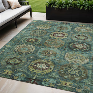 HomeRoots 5' Teal Blue, Brown & Taupe Medallion Area Rug - Washable, Durable for Indoor & Outdoor Spaces 629468