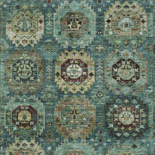 HomeRoots 5' Teal Blue, Brown & Taupe Medallion Area Rug - Washable, Durable for Indoor & Outdoor Spaces 629468