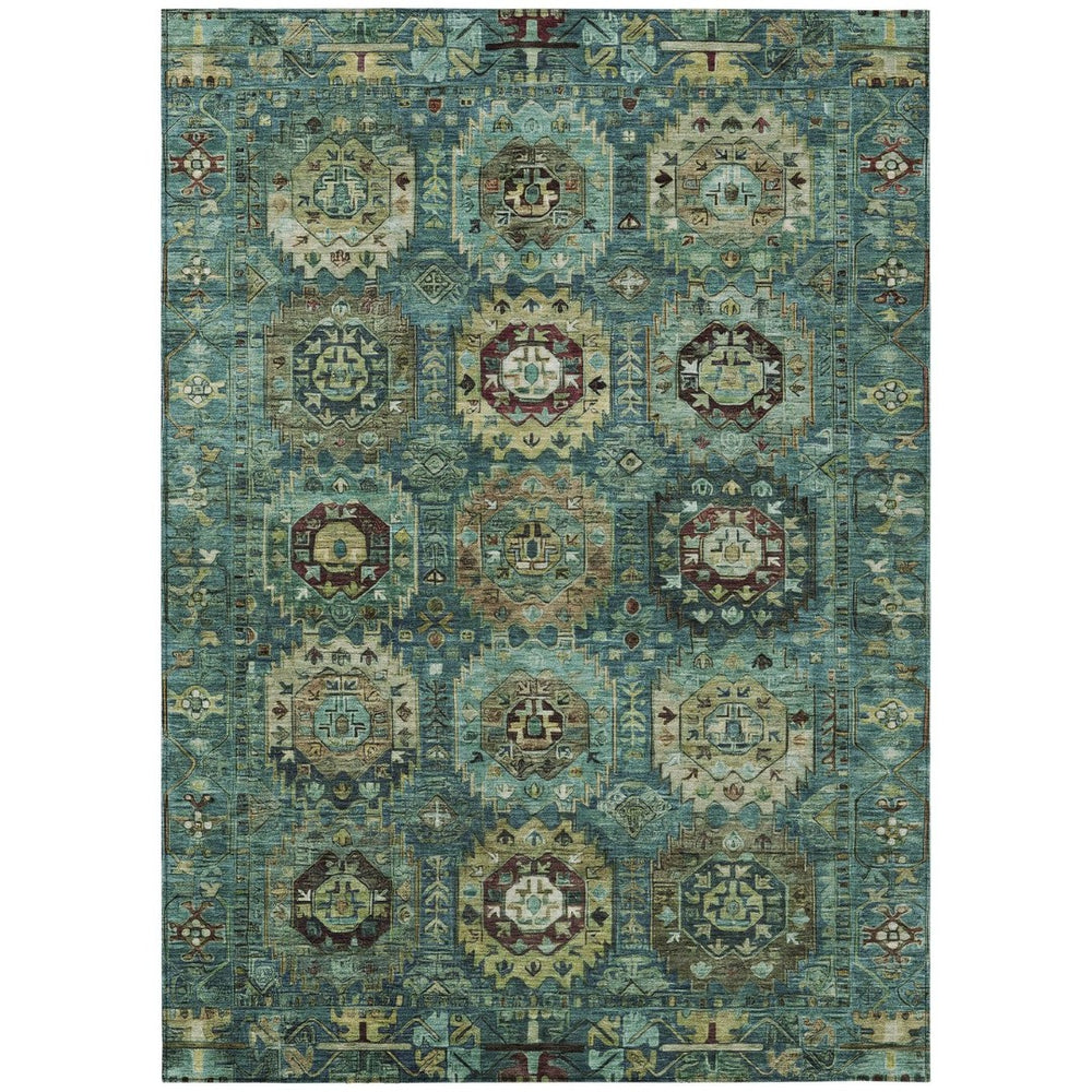 HomeRoots 5' Teal Blue, Brown & Taupe Medallion Area Rug - Washable, Durable for Indoor & Outdoor Spaces 629468