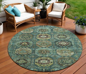 HomeRoots 8' Teal Blue Brown & Taupe Round Medallion Rug – Stylish, Durable & Washable for Indoor/Outdoor Use 629469