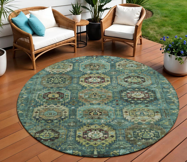 HomeRoots 8' Teal Blue Brown & Taupe Round Medallion Rug – Stylish, Durable & Washable for Indoor/Outdoor Use 629469