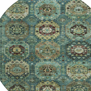HomeRoots 8' Teal Blue Brown & Taupe Round Medallion Rug – Stylish, Durable & Washable for Indoor/Outdoor Use 629469