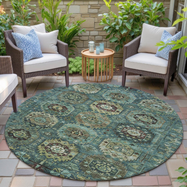 HomeRoots 8' Teal Blue Brown & Taupe Round Medallion Rug – Stylish, Durable & Washable for Indoor/Outdoor Use 629469