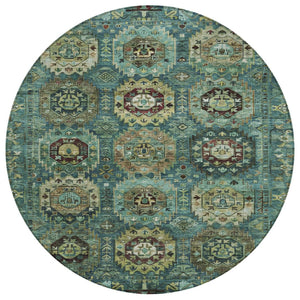 HomeRoots 8' Teal Blue Brown & Taupe Round Medallion Rug – Stylish, Durable & Washable for Indoor/Outdoor Use 629469