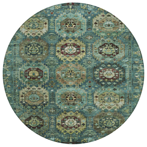 HomeRoots 8' Teal Blue Brown & Taupe Round Medallion Rug – Stylish, Durable & Washable for Indoor/Outdoor Use 629469